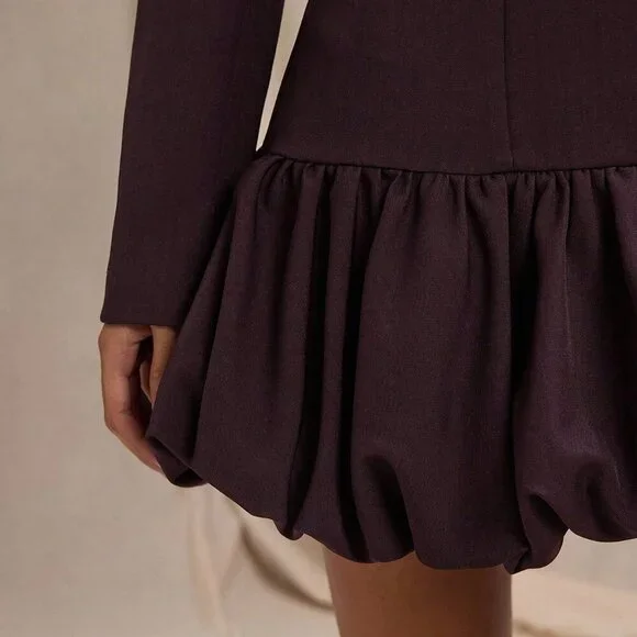 Coffee Brown Elegant Women's Long Sleeve Bubble Skirt Suit Dress